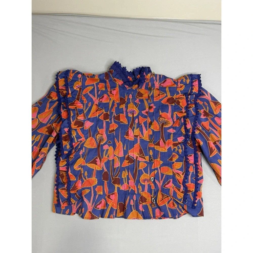 Farm Rio Bright Blue Mushroom Sketch Blouse Buttons M NEW Statement